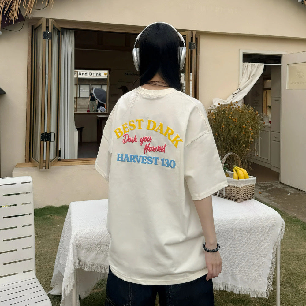 美式植絨字母印花短袖寬鬆夏季T恤女上衣半袖
