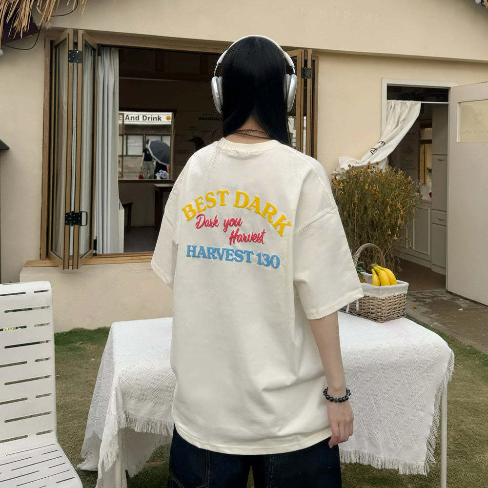 美式植絨字母印花短袖寬鬆夏季T恤女上衣半袖
