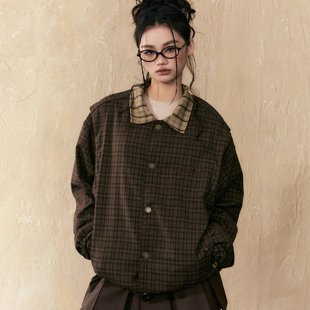 美式復古vintage拼接格子襯衫外套女春秋Cleanfit上衣