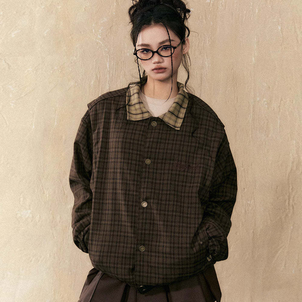 美式復古vintage拼接格子襯衫外套女春秋Cleanfit上衣