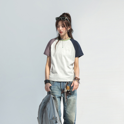 撞色拼接條紋短袖女t恤夏蝴蝶結刺繡上衣設計感小眾