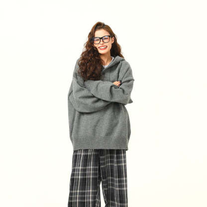 秋冬新品復古高級感灰色連帽毛衣女寬鬆慵懶風針織衫外套