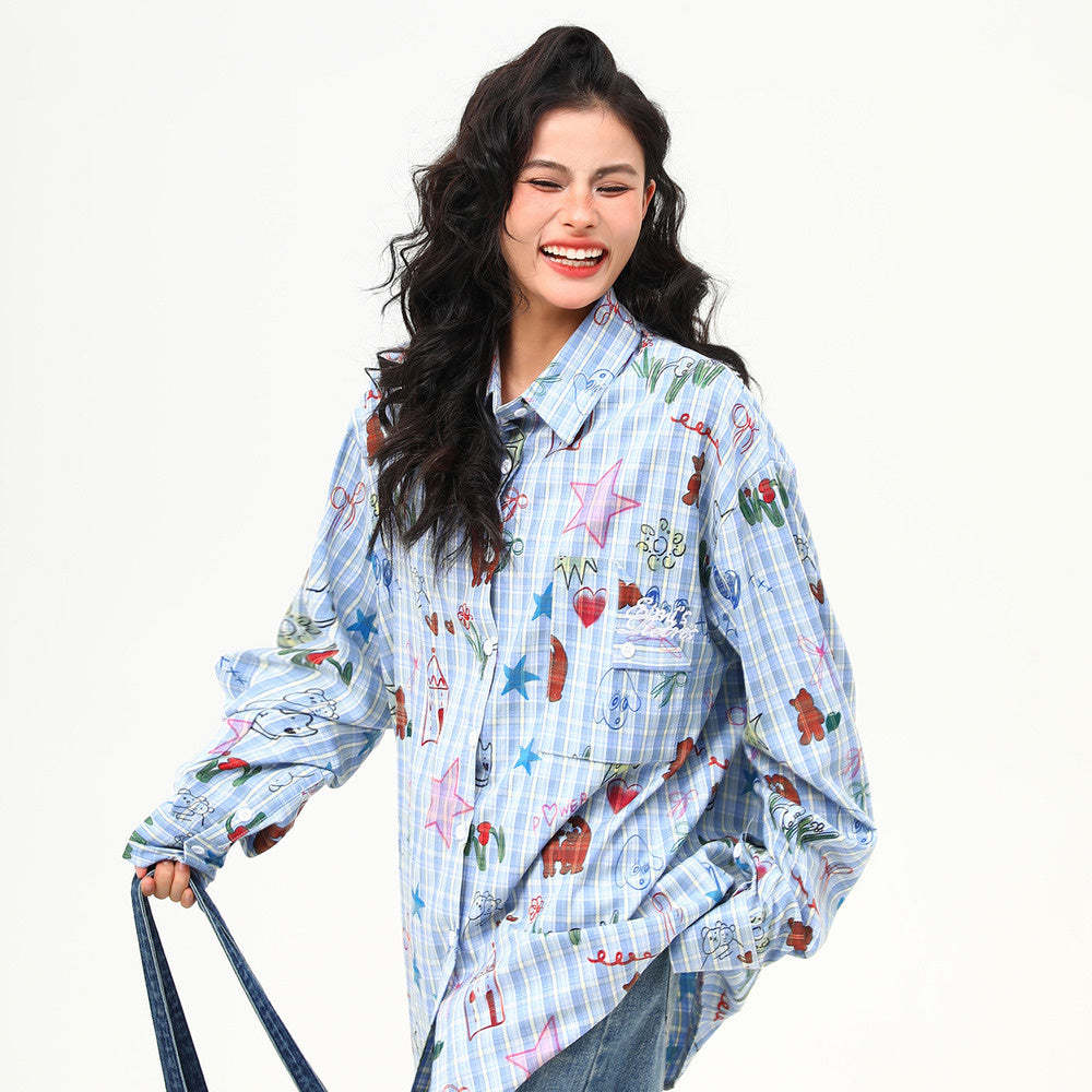 設計感手繪趣味印花復古寬鬆長袖襯衫女春季新款潮流襯衣