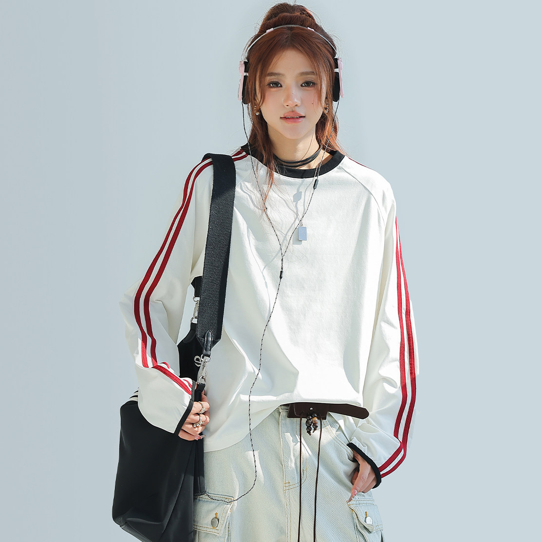 美式復古撞色拼接條紋長袖t恤女索羅娜圓領寬鬆上衣