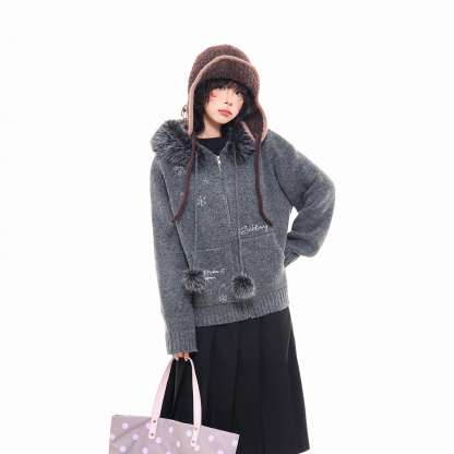 復古雪花刺繡毛領連帽針織開衫外套女冬季慵懶感寬鬆毛衣上衣