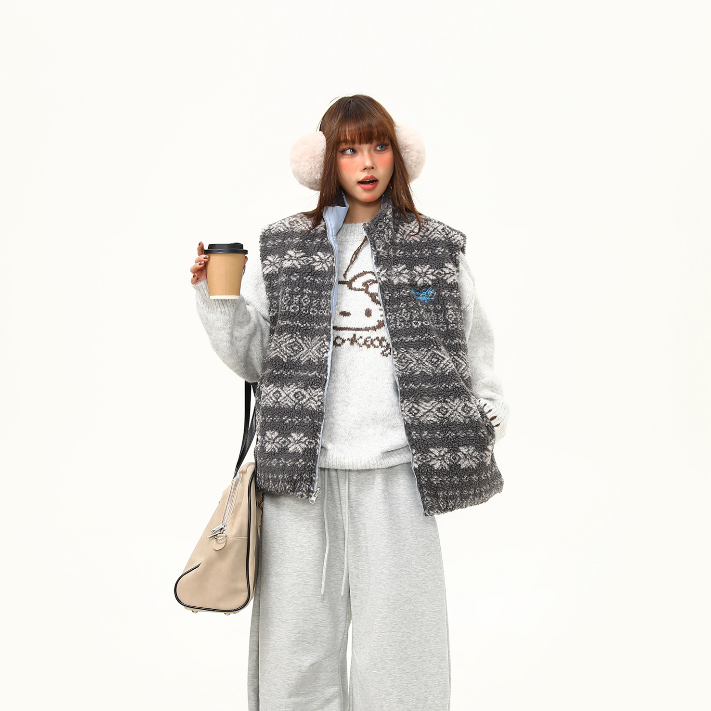 復古羊羔絨立領費爾島夾棉馬甲外套女冬季氛圍感雙面穿