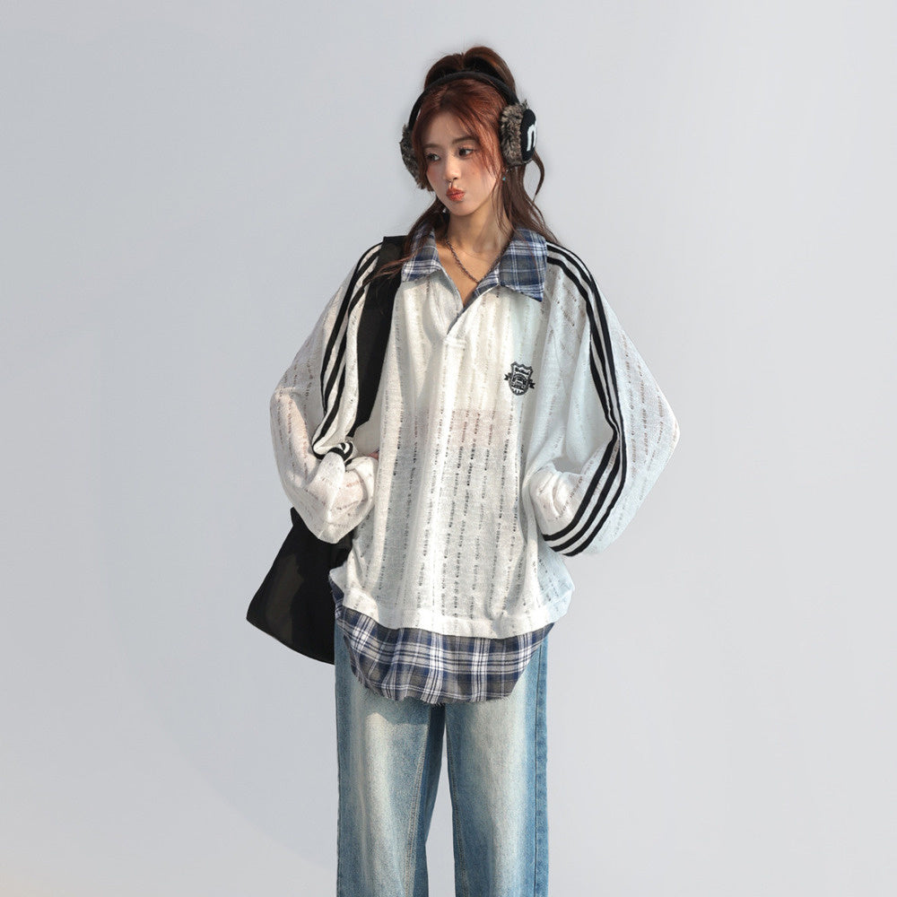 美式復古格子拼接假兩件polo衛衣女春秋鏤空長袖上衣