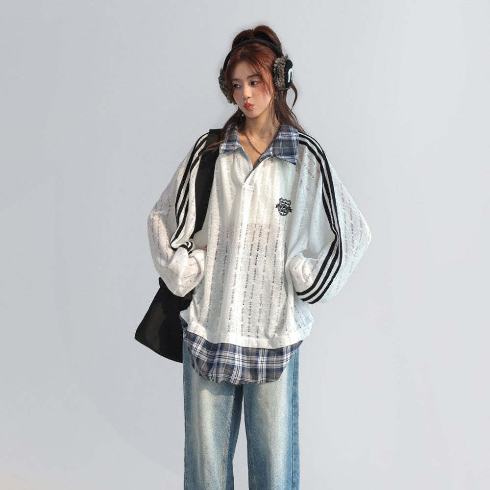 美式復古格子拼接假兩件polo衛衣女春秋鏤空長袖上衣
