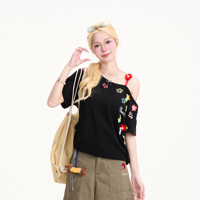 夏季花朵印花斜肩吊帶短袖T恤女新款甜辣抽褶收腰顯瘦上衣