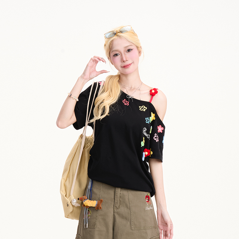 夏季花朵印花斜肩吊帶短袖T恤女新款甜辣抽褶收腰顯瘦上衣