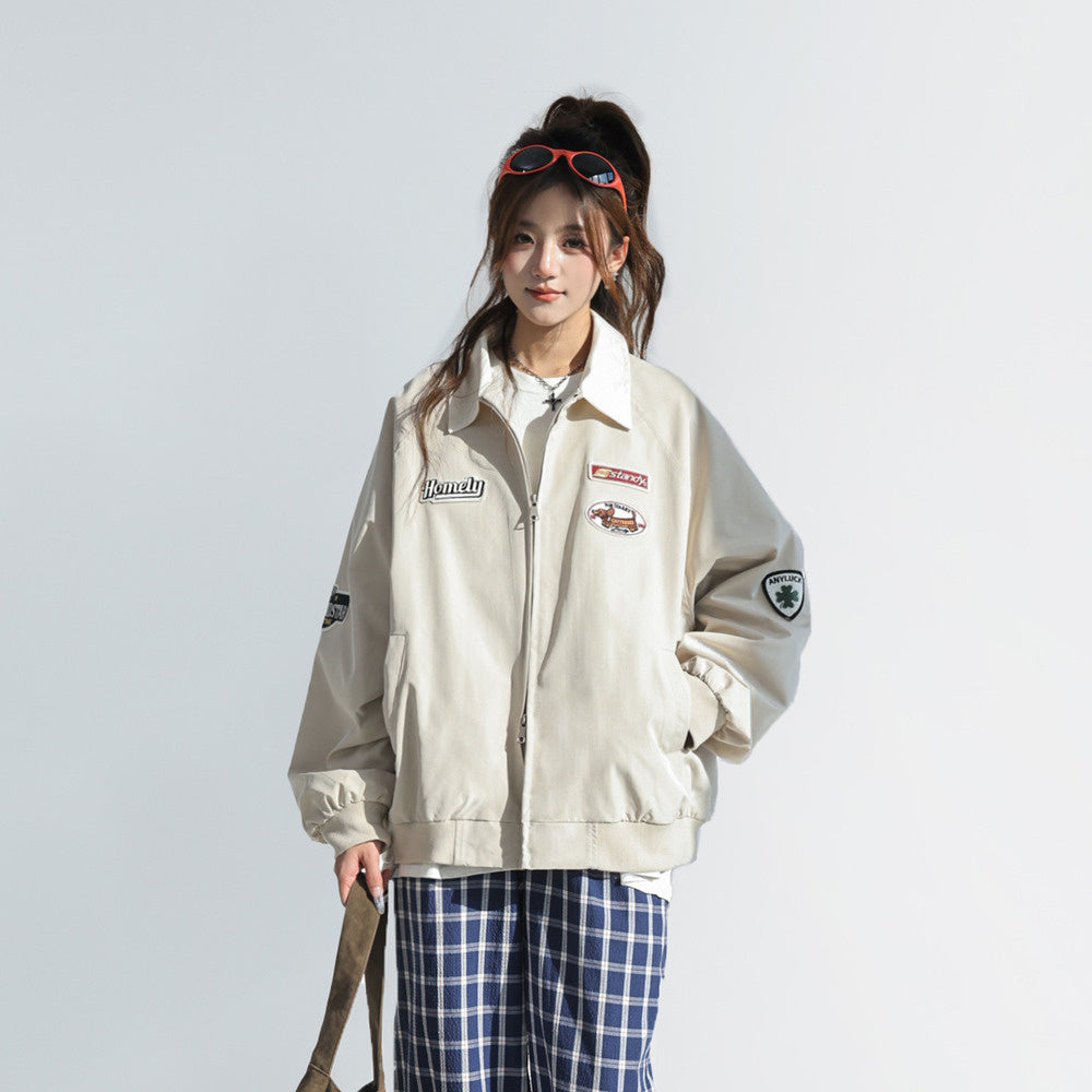 美式慵懶chic韓系外套女春2025新款撞色翻領工裝夾克