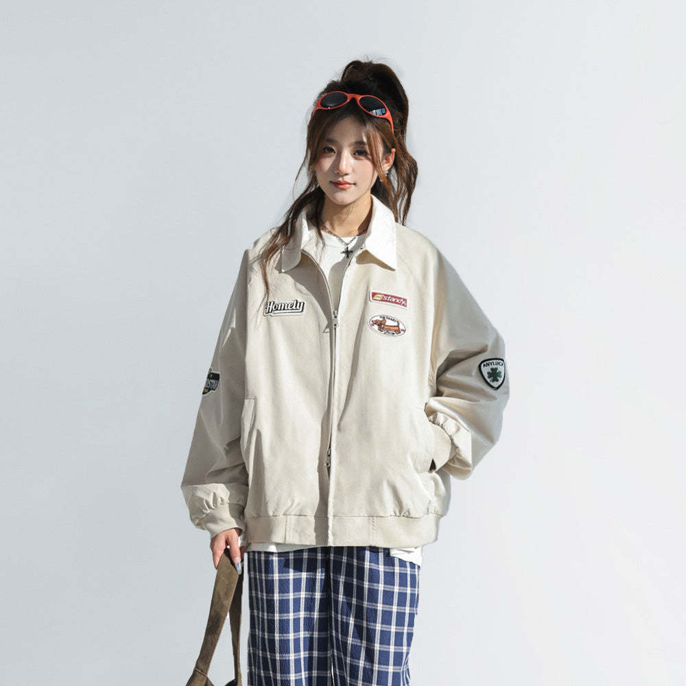 美式慵懶chic韓系外套女春2025新款撞色翻領工裝夾克