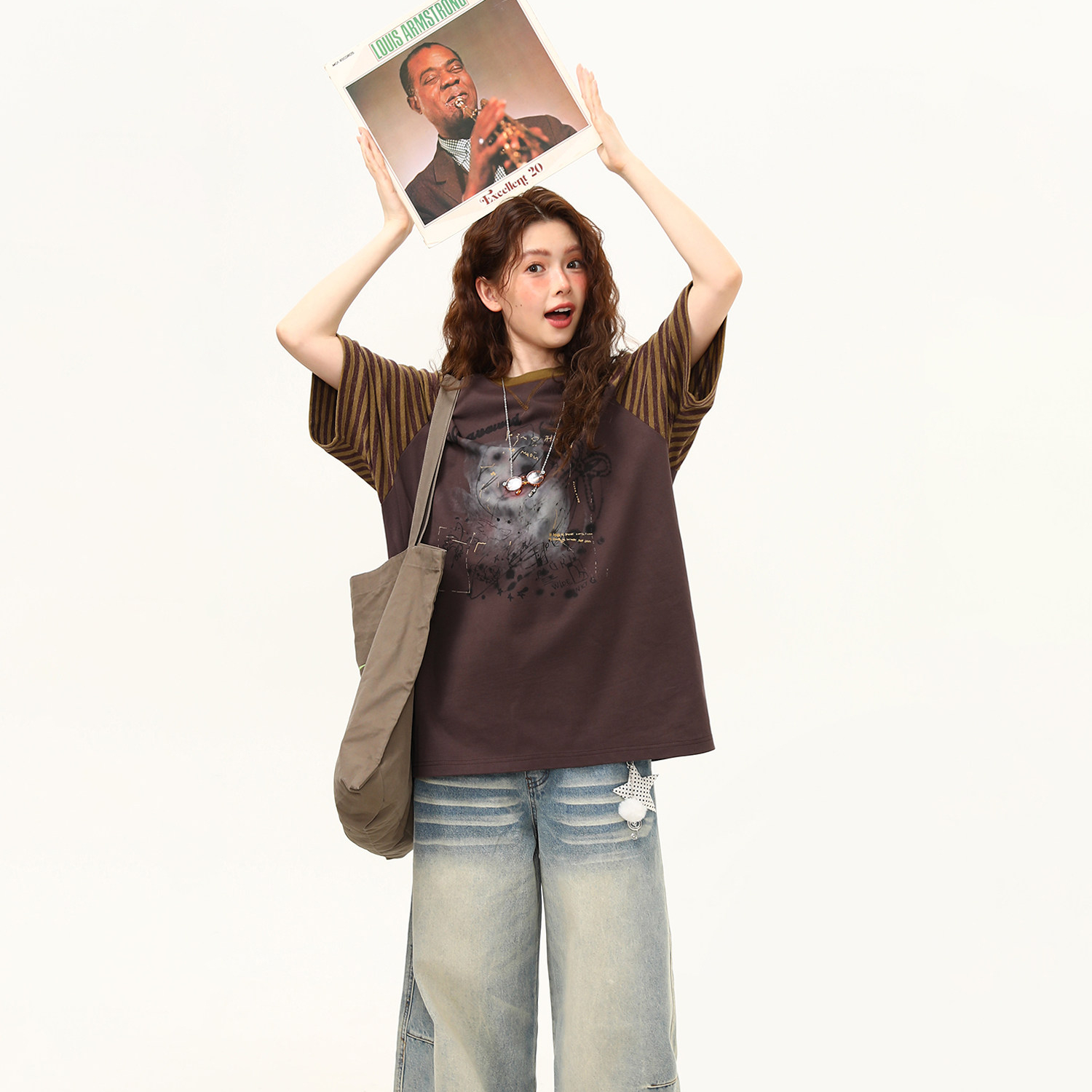 美式復古塗鴉小狗印花設計感短袖T恤女寬鬆插肩袖tee