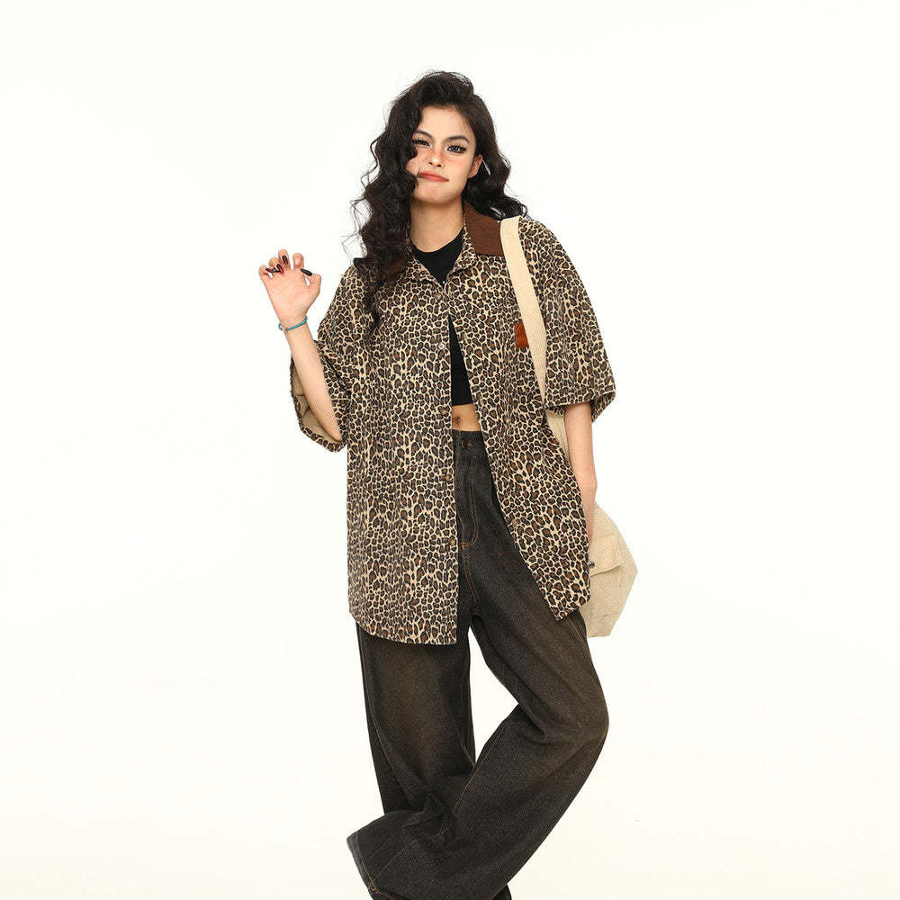 美式豹紋Polo領牛仔短袖女潮牌炸街外套