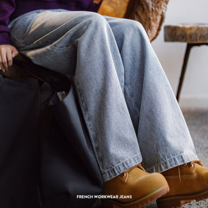 馬登女裝 復古法工褲窄版直筒牛仔褲水洗垂感闊腿褲寬鬆休閒長褲秋冬女