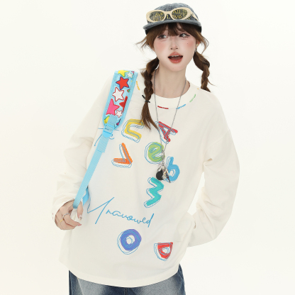 美式復古卡通印花長袖T恤女秋季新款寬鬆顯瘦百搭上衣