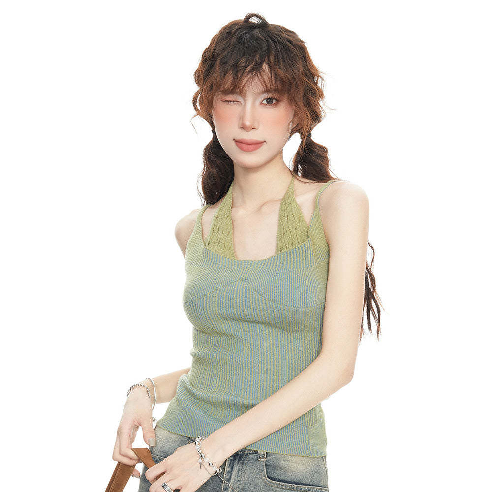 美式辣妹綠色假兩件針織吊帶背心女夏設計感小眾無袖外穿掛脖上衣