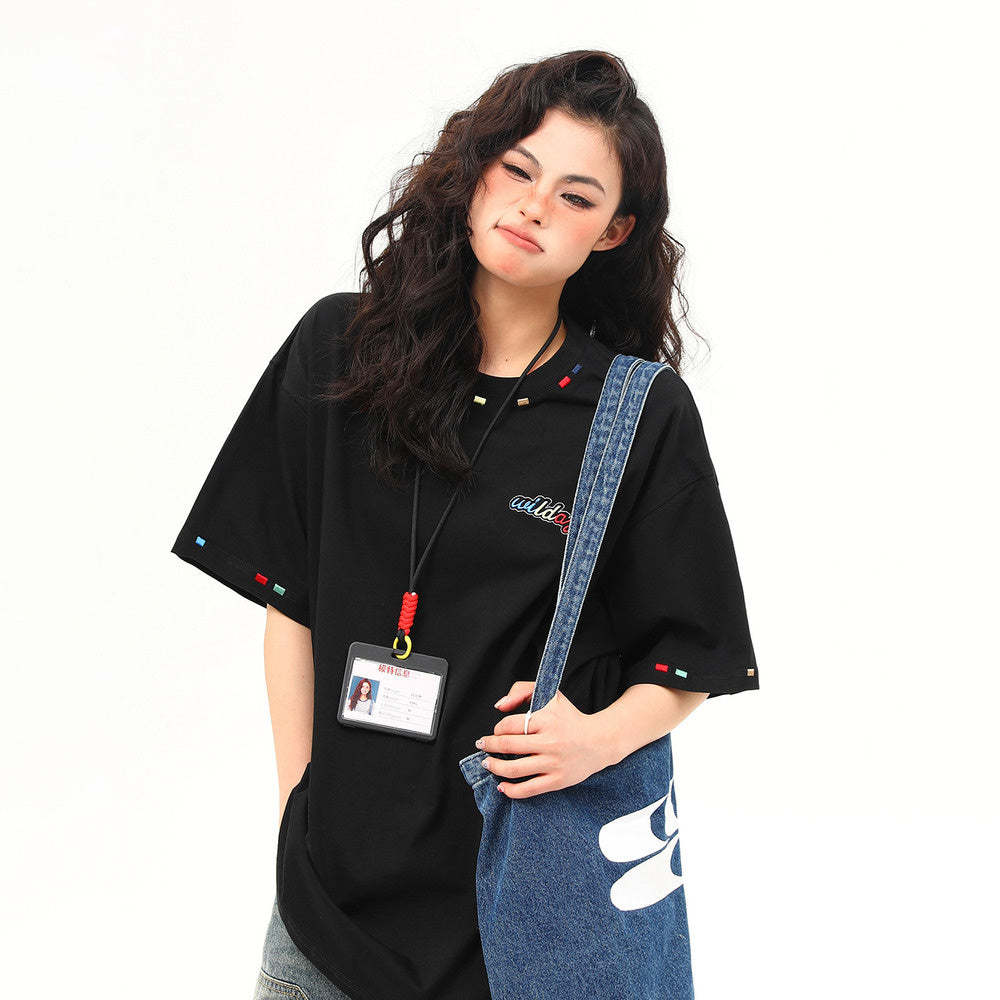 美式復古國風彩虹刺繡夏季凉感短袖T恤女寬鬆百搭