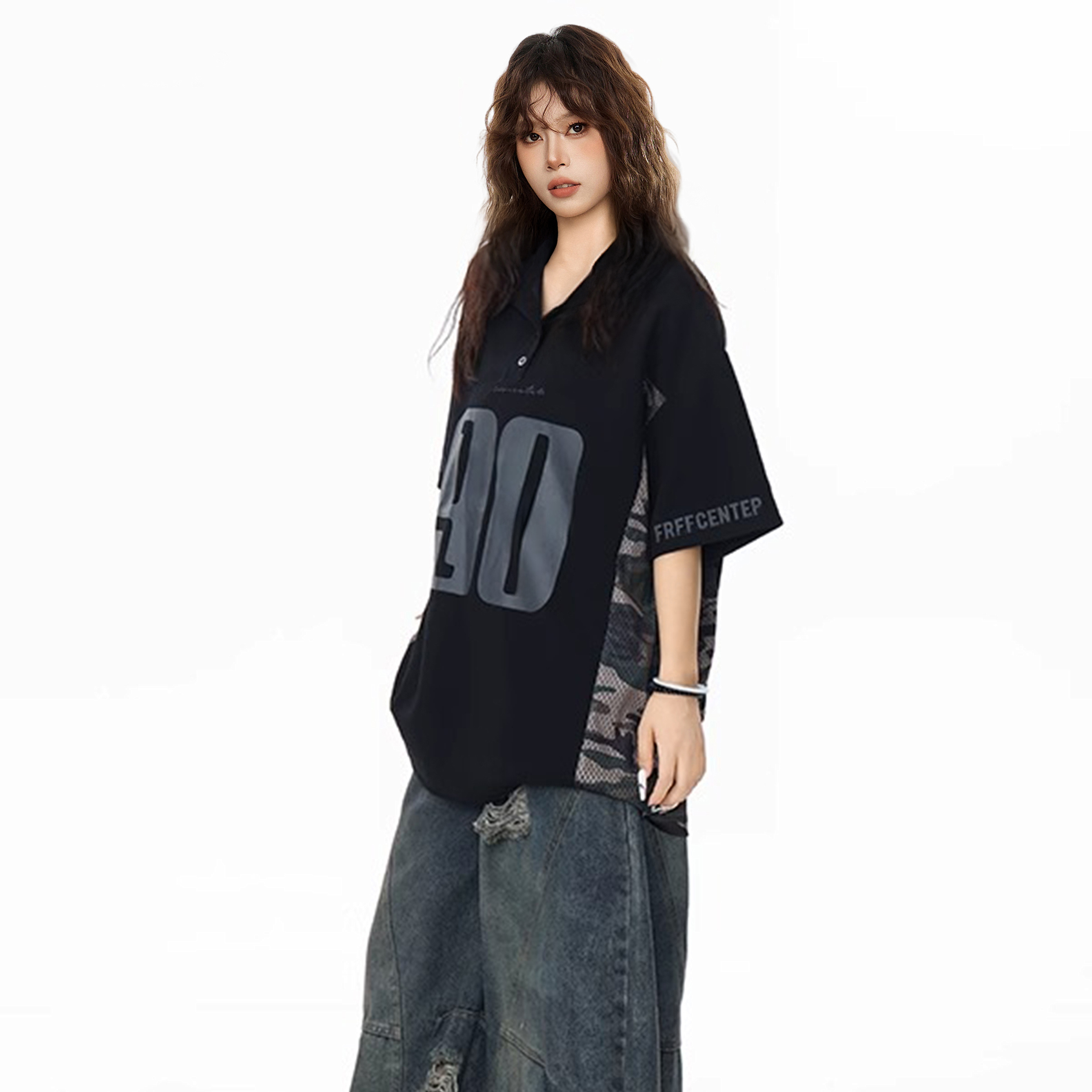 美式復古黑色半袖polo領短袖t恤女夏寬鬆oversize大版球衣風上衣