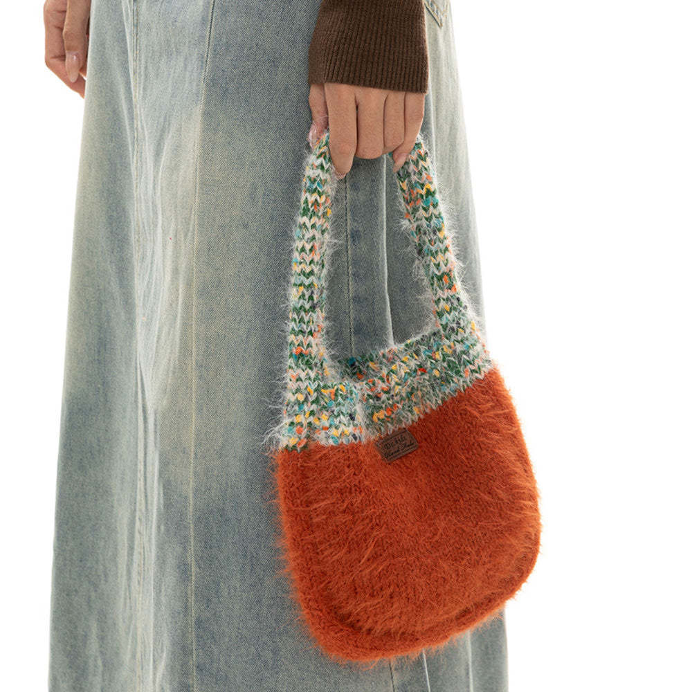 針織包可愛拼接撞色毛線手提包毛茸百搭手拎手機包