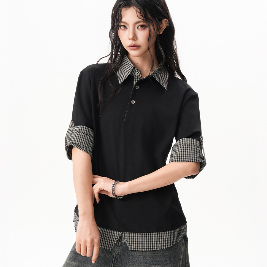 假兩件POLO衫短袖女夏季拼接設計感正肩T恤五分袖