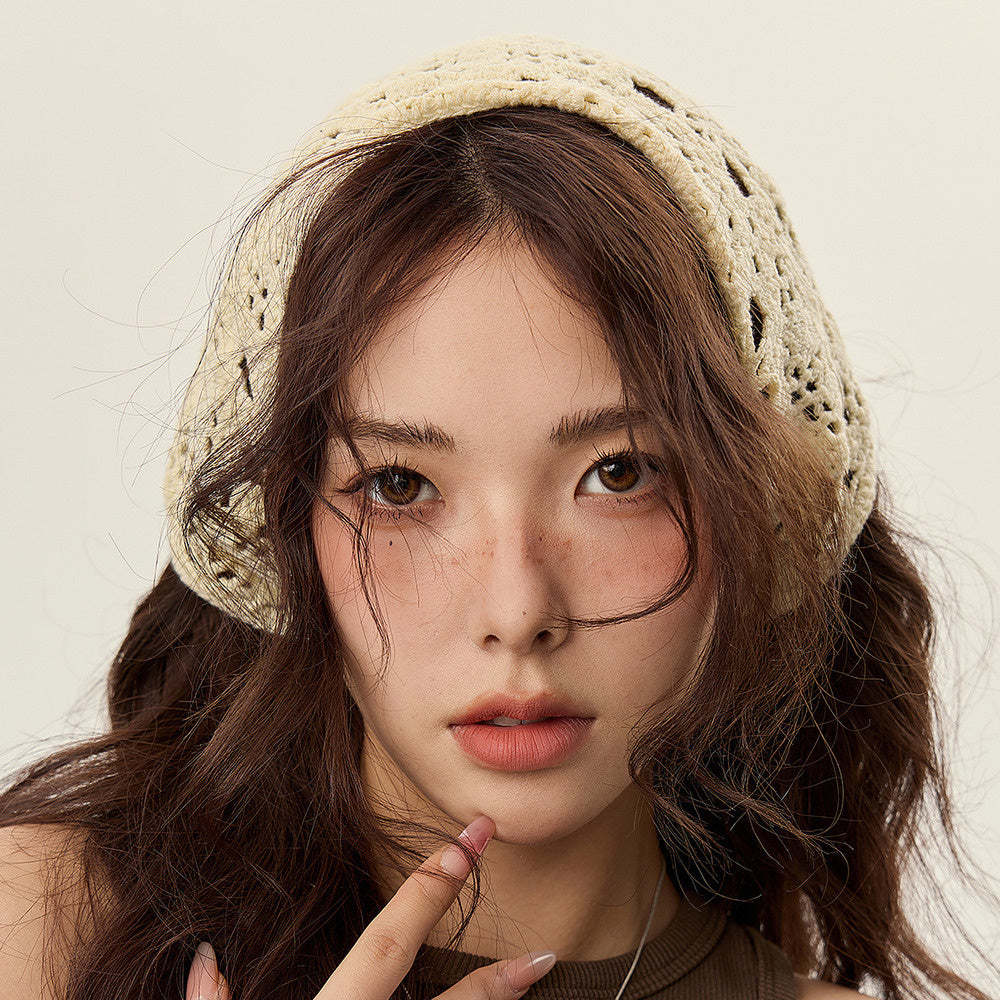 美式復古休閒手工針織發帶女個性棉線鉤花街頭辣妹風三角巾頭巾帽