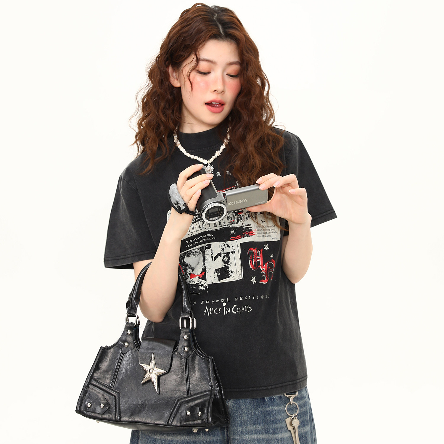 正肩T恤女美式復古印花水洗做舊微寬鬆短款顯瘦短袖