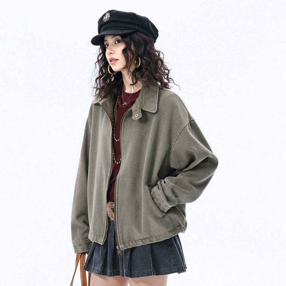 復古水洗做舊外套女春季2025新款美式純色夾克寬鬆街頭潮牌上衣