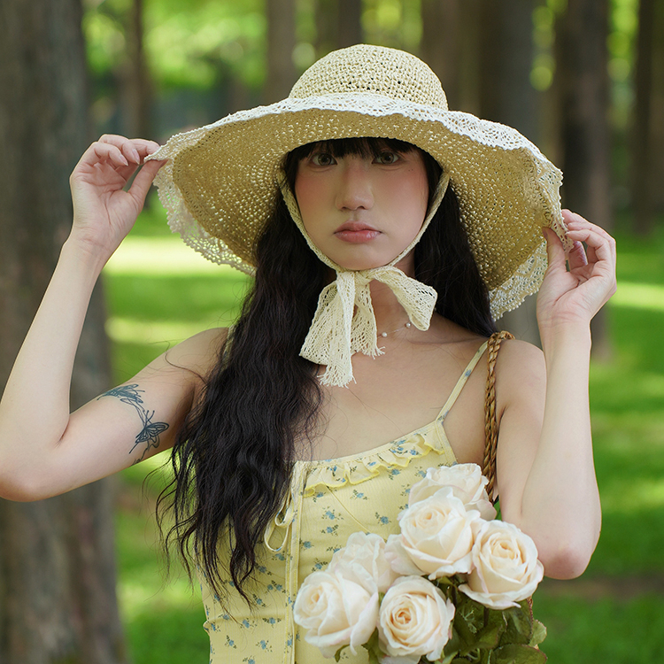 編織防曬帽子田園風草帽女士夏季休閒百搭蕾絲大頭圍顯臉小遮陽帽