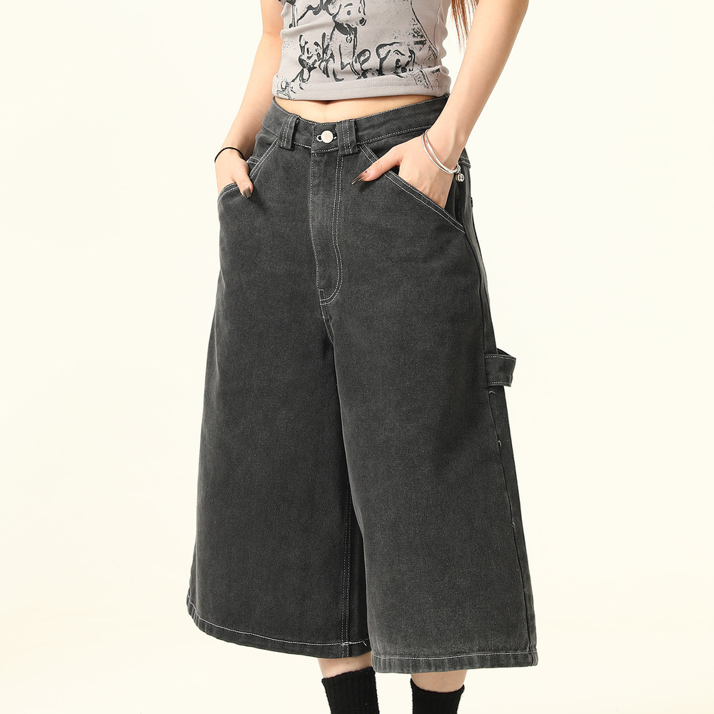 美式復古vintage水洗牛仔七分褲女夏季寬鬆休閒短褲