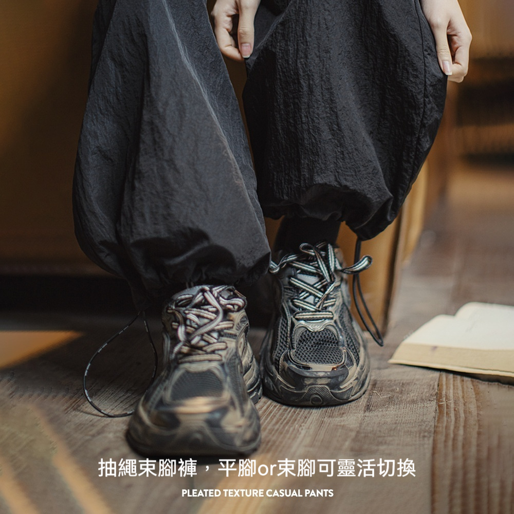 夏新黑色鬆弛感休閒褲寬鬆工裝褲闊腿顯瘦抽繩束脚長褲女