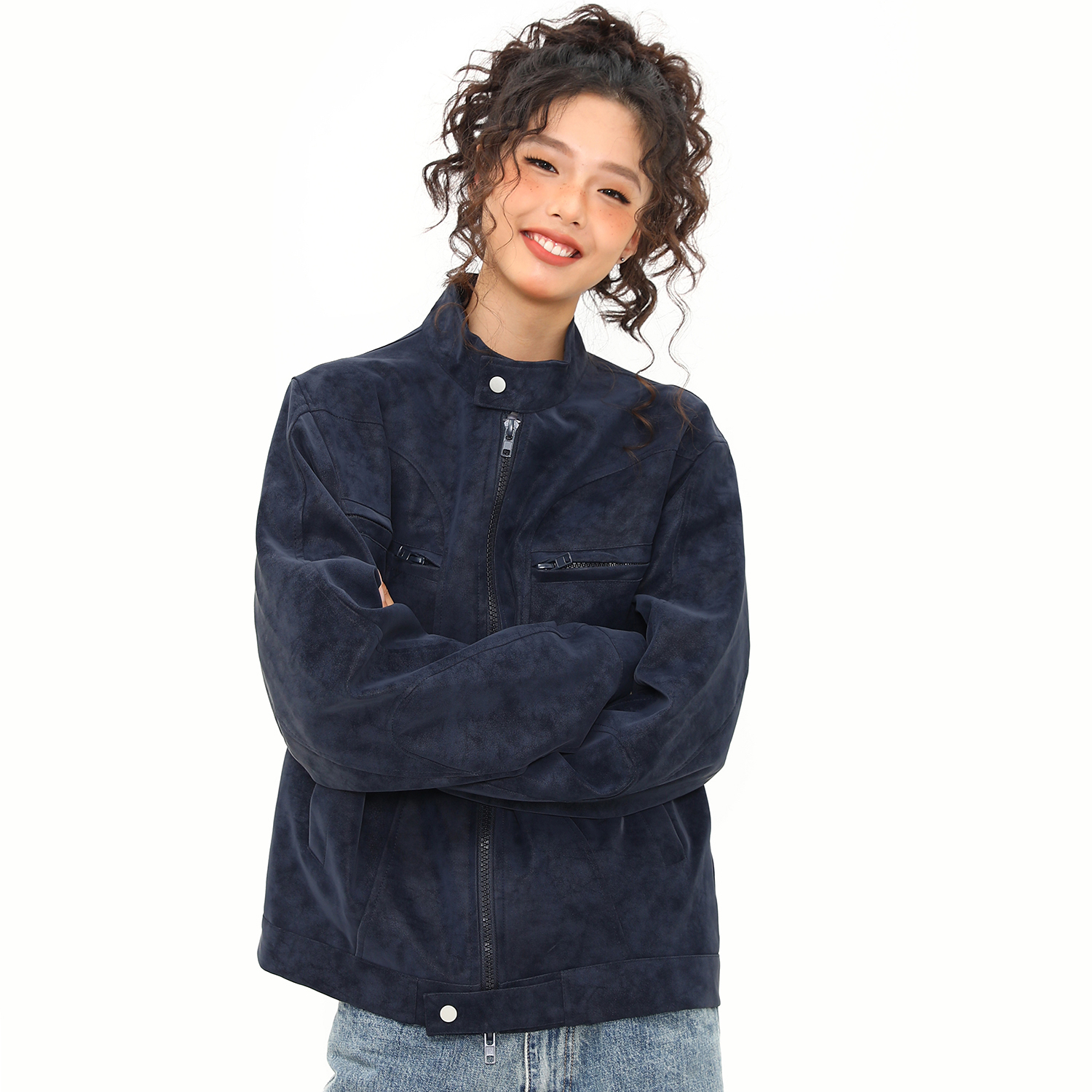 美式街頭潮牌立領PU皮衣外套女秋冬設計感寬鬆機車夾克