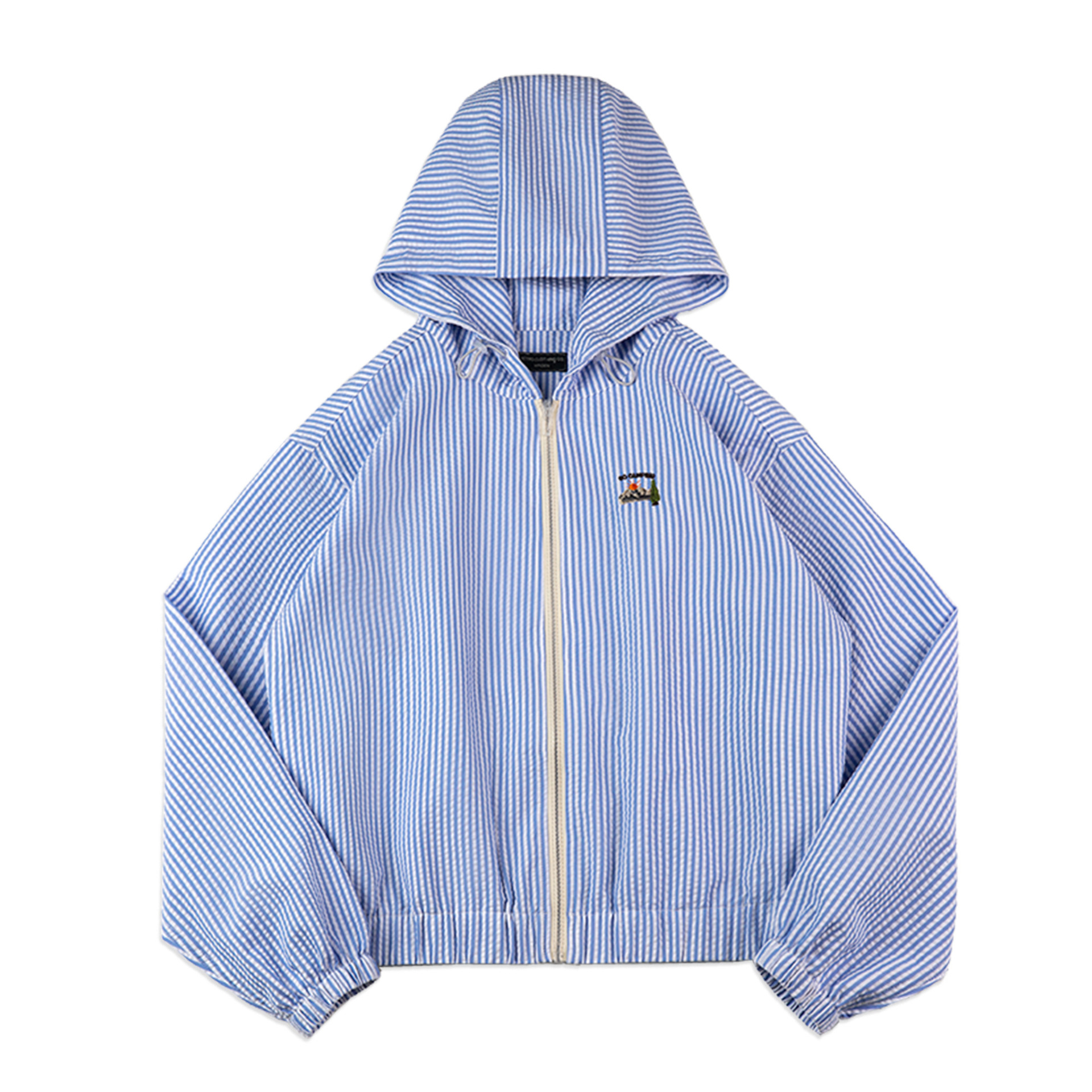 藍白條紋海邊度假風夾克淺春系泡泡條襯衫外套早春慵懶上衣女