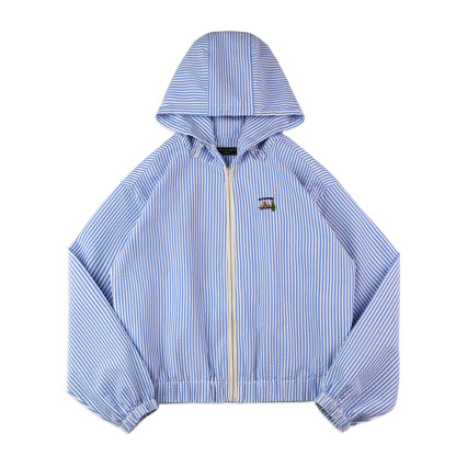 藍白條紋海邊度假風夾克淺春系泡泡條襯衫外套早春慵懶上衣女