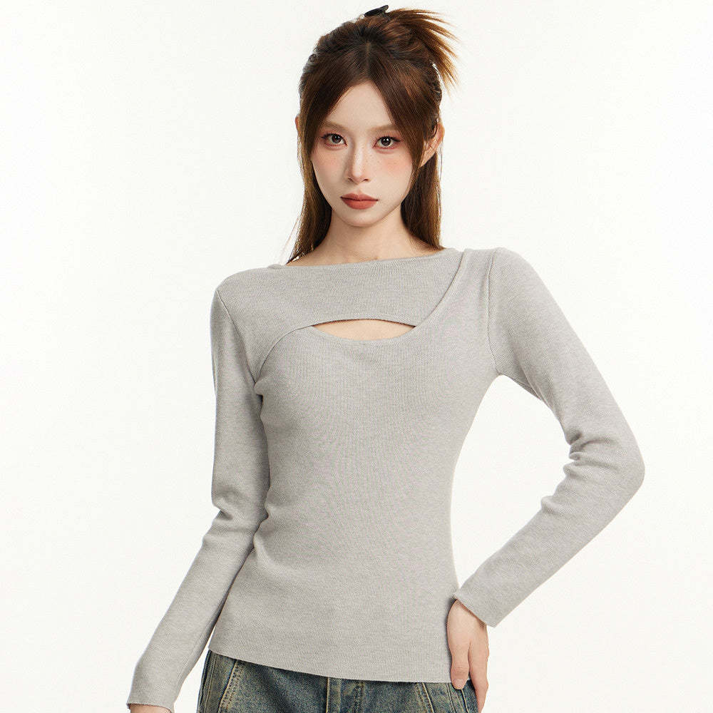 鏤空正肩長袖針織衫女早秋春秋季修身收腰內搭打底衫短款毛衣