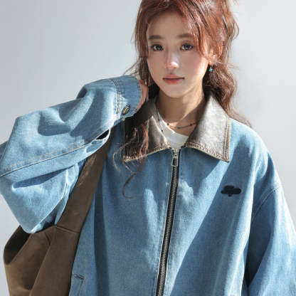 美式復古pu拼皮翻領牛仔外套女小個子短款牛仔衣夾克
