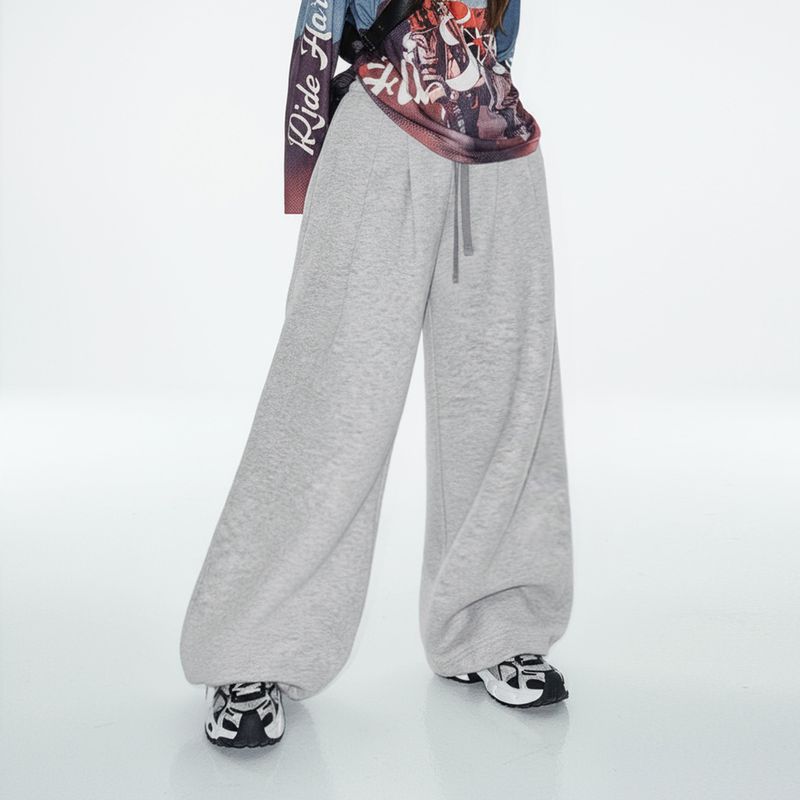 淺灰色闊腿直筒休閒長衛褲鬆緊腰抽繩束脚垂墜感糯米褲子女冬