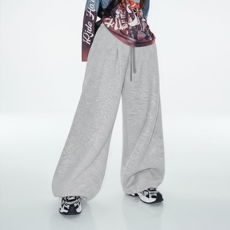 淺灰色闊腿直筒休閒長衛褲鬆緊腰抽繩束脚垂墜感糯米褲子女冬