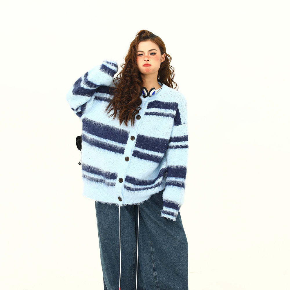 美式復古軟糯仿貂毛針織衫外套女秋冬條紋慵懶寬鬆外套