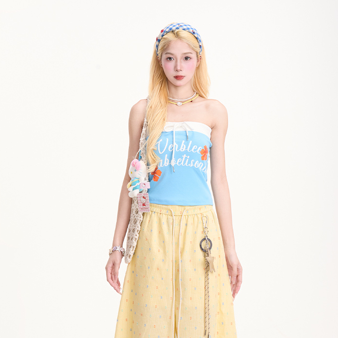 多巴胺字母印花抹胸背心女復古辣妹短款修身無袖t恤上衣