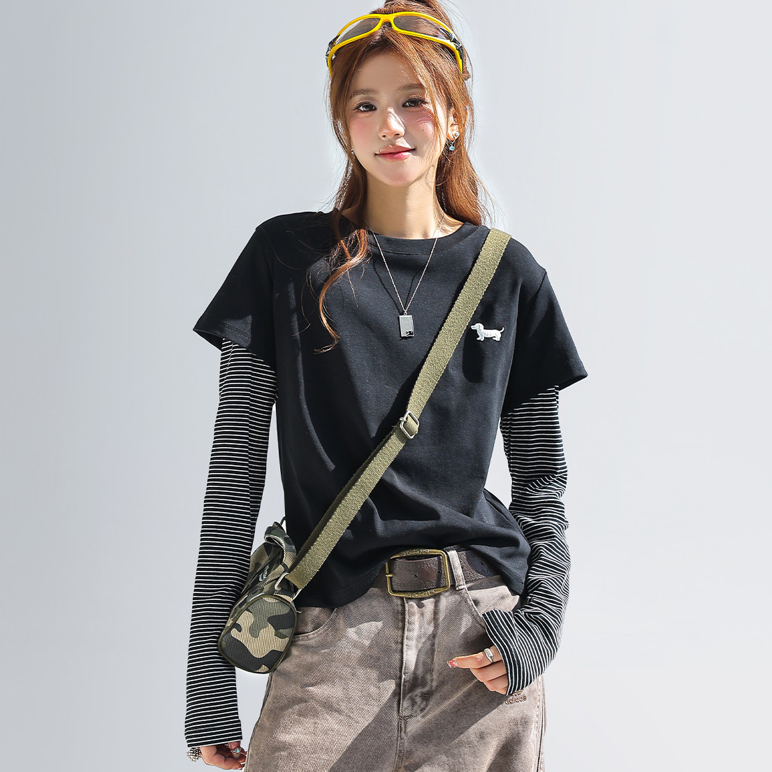 韓系臘腸狗條紋拼接假兩件長袖t恤女正肩修身上衣短
