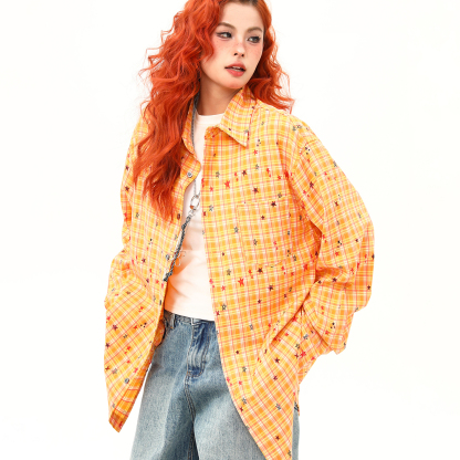 秋季新款滿印星星復古長袖襯衫女設計感黃色格紋襯衣