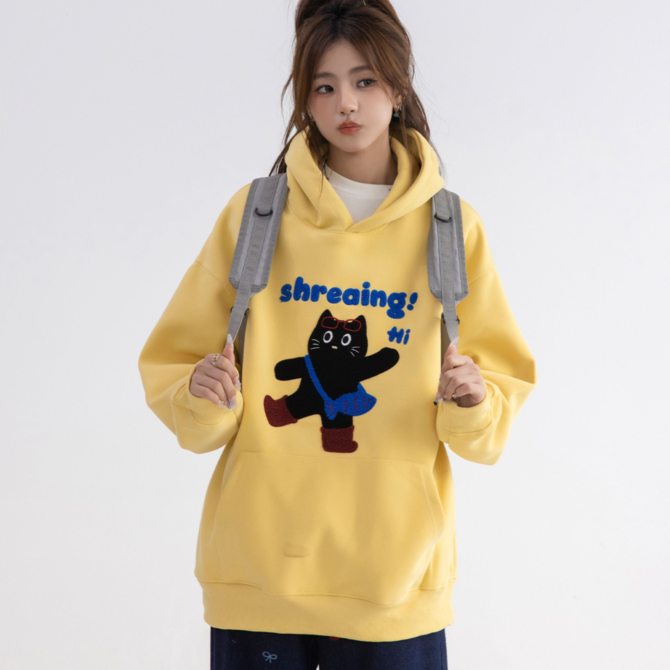 韓系可愛猫咪毛巾繡連帽衛衣女款小個子寬鬆長袖上衣