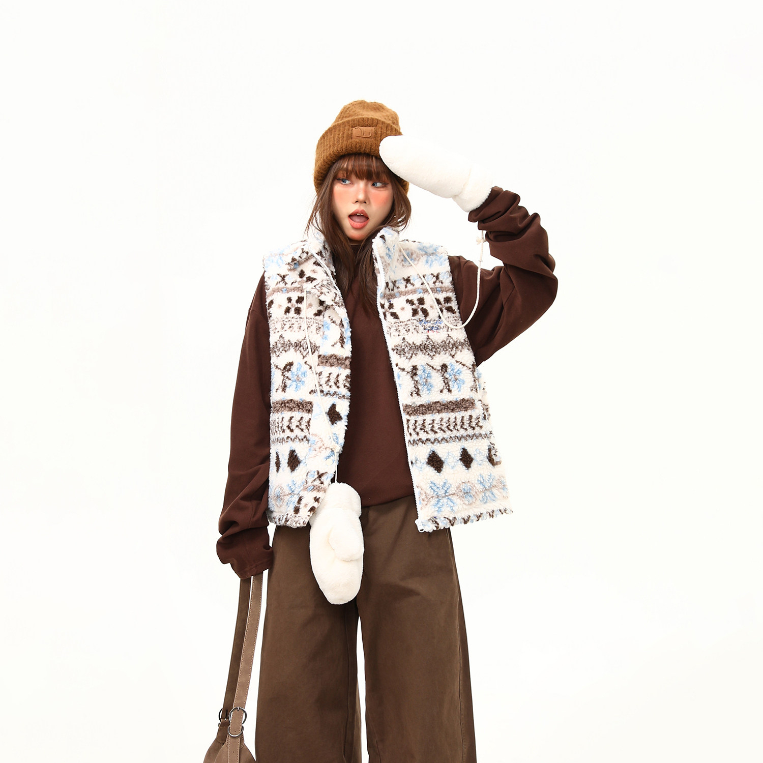 美式復古費爾島羊羔毛馬甲棉服外套女冬季新款氛圍感棉衣