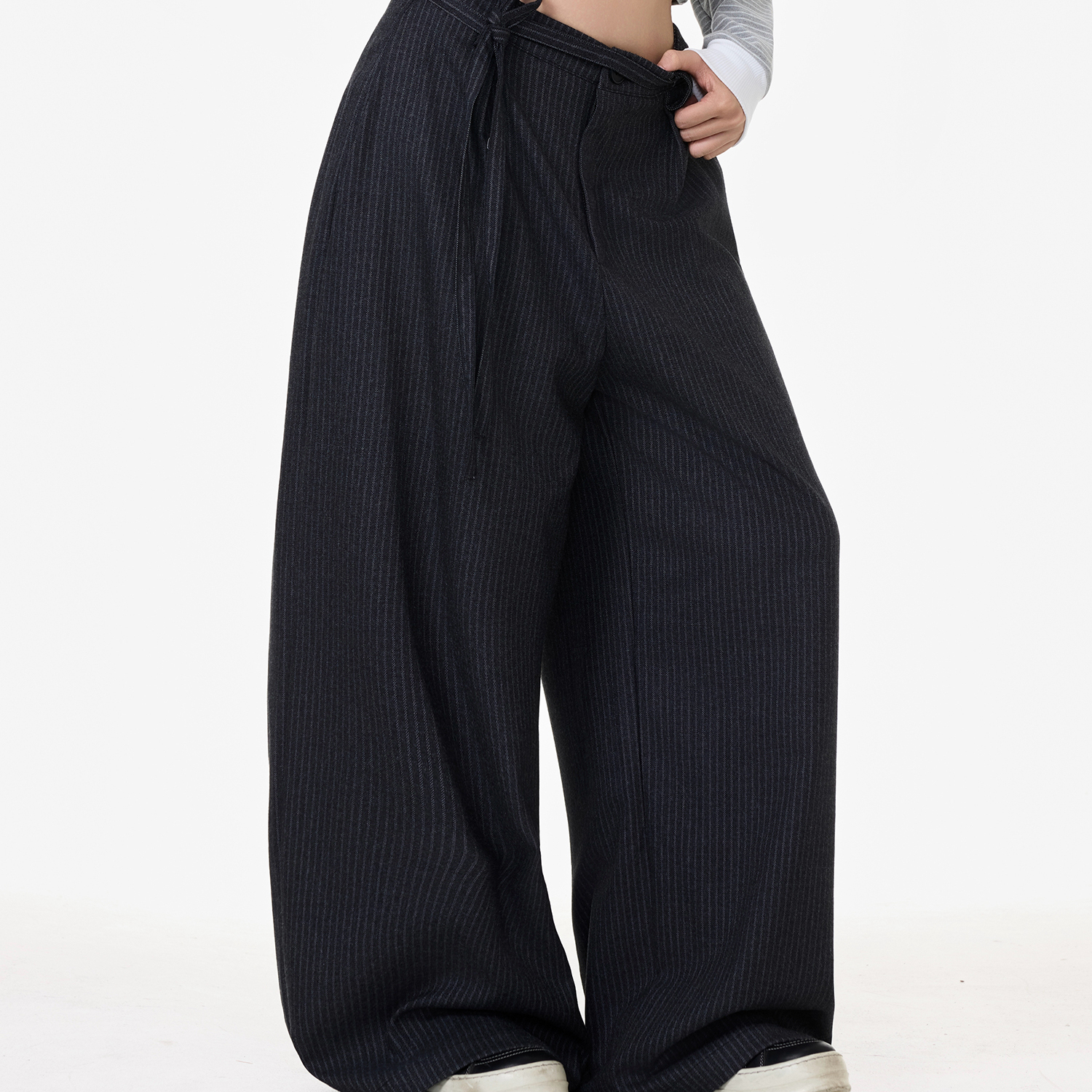 美式復古條紋西裝休閒褲女高級感垂墜感鬆弛慵懶闊腿褲子