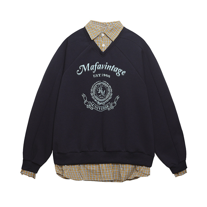 美式復古學院風格子假兩件衛衣女秋冬寬鬆百搭紅色上衣