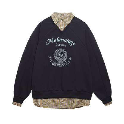 美式復古學院風格子假兩件衛衣女秋冬寬鬆百搭紅色上衣