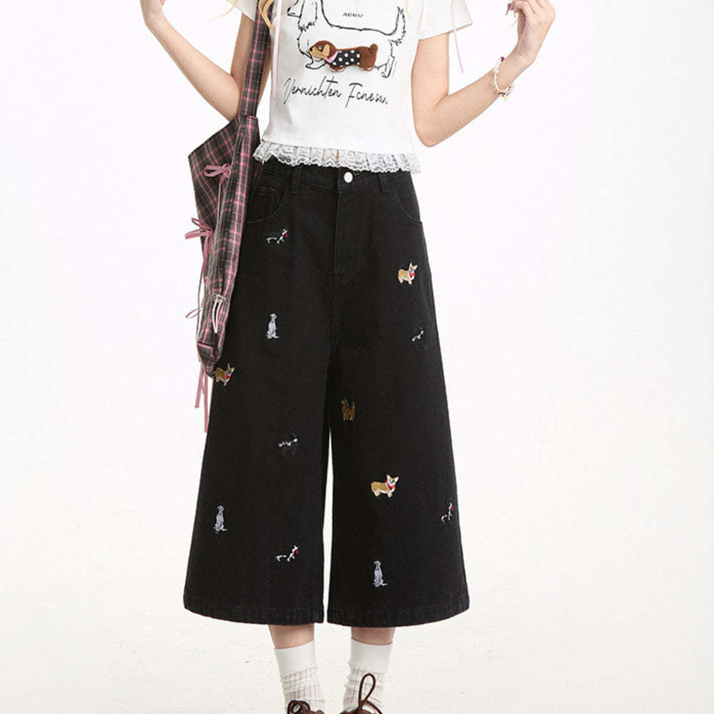 夏季牛仔短褲女新款寬鬆直筒趣味小狗刺繡設計感七分褲