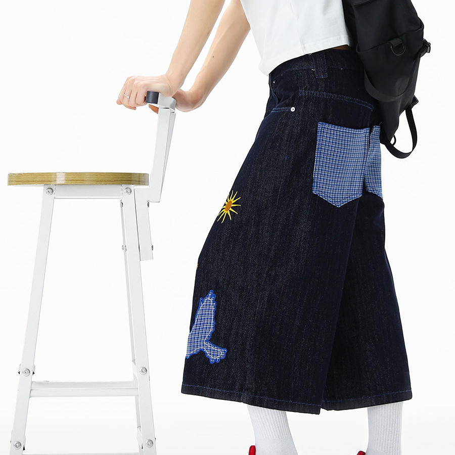 美式趣味刺繡貼布七分褲女2026夏季街頭潮牌寬鬆水洗丹寧牛仔短褲
