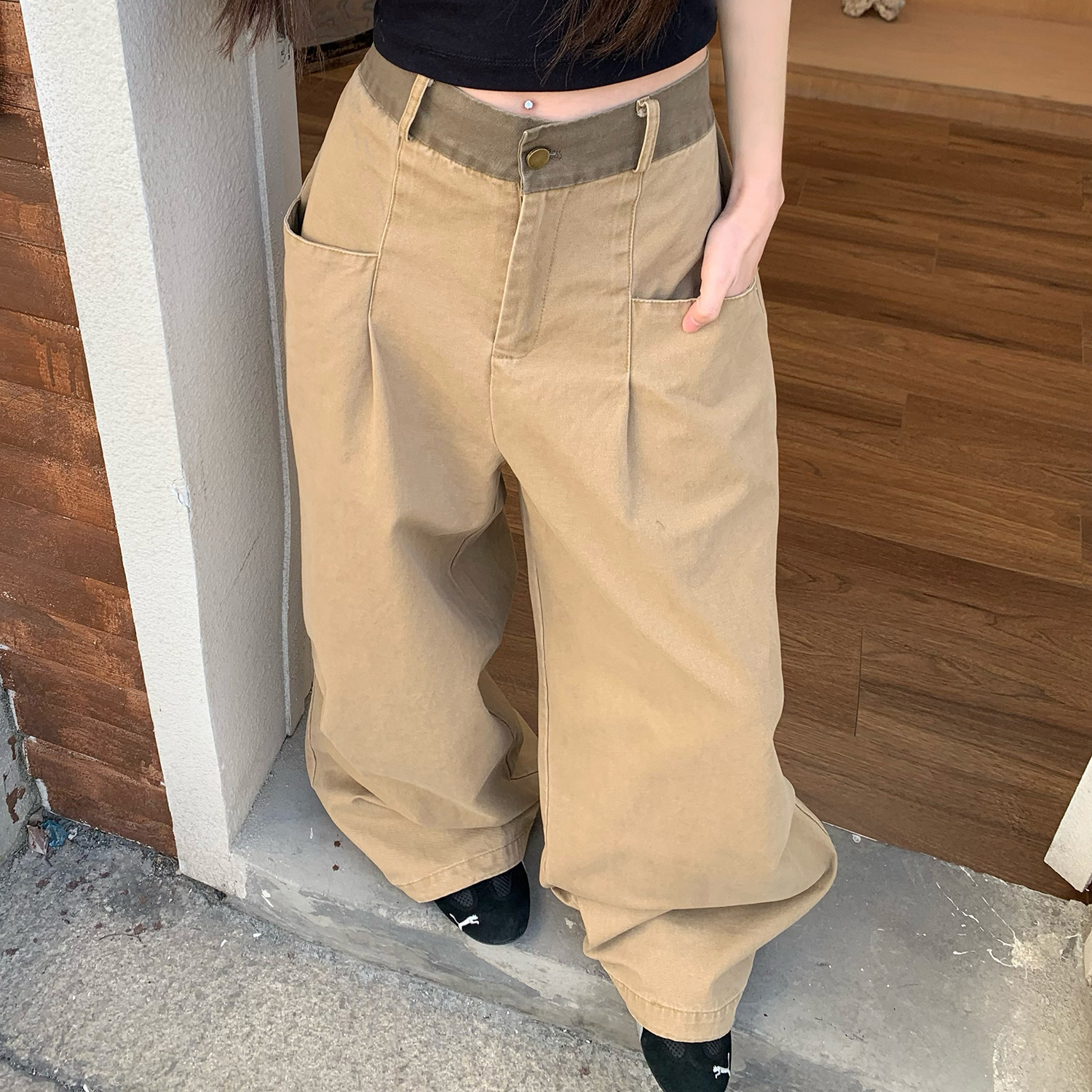 美式街頭潮牌解構工裝褲女設計感寬鬆闊腿拖地休閒長褲子